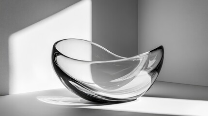 Poster - Elegant transparent glass bowl sculpted on a white background with dramatic backlight creating striking black and white contrasts.