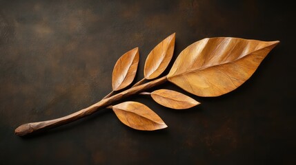 Aufkleber - Carved wooden branch with stylized leaves showcasing intricate craftsmanship and natural beauty on a textured dark background