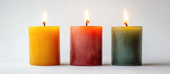 Poster - Tricolor candle set with vibrant yellow red and green hues illuminated against a clean white background for decor or relaxation themes
