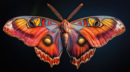 Poster - Colorful macro shot of a tropical butterfly showcasing vibrant patterns and intricate details against a dark background.