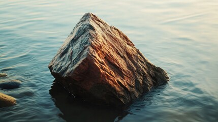 Poster - Triangle shaped red rock emerging from calm river water reflecting warm sunlight in a serene natural landscape setting.