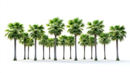 Leinwandbilder - Sugar palm trees lined in a row on a clean white background creating a vibrant tropical atmosphere ideal for nature and travel themes.