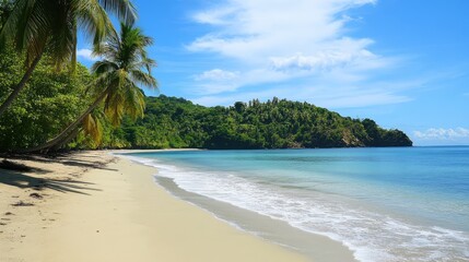Poster - Serene tropical beach with palm trees and turquoise waters under a clear blue sky ideal for relaxation and vacation imagery.
