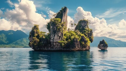 Leinwandbilder - Serene coastal landscape with rocky islands and lush greenery under a blue sky with clouds in a tranquil sea setting.