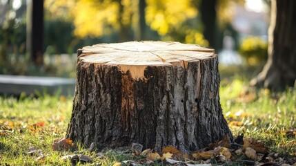 Poster - Tree stump in autumn park setting surrounded by vibrant foliage and soft sunlight creating a serene natural atmosphere