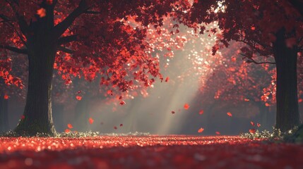 Aufkleber - Autumn park scene featuring oak trees with vibrant red leaves and soft sunlight filtering through the foliage.