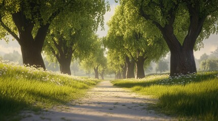 Leinwandbilder - Lush green trees lining a tranquil pathway in a serene landscape with vibrant grass and wildflowers under soft sunlight