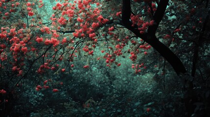 Poster - Enchanting forest scene with vibrant blossoms and lush greenery under a mystical atmosphere creating a serene natural landscape.
