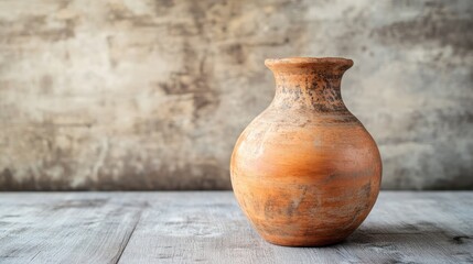 Poster - Rustic ceramic clay vase with unique texture on wooden surface against blurred neutral background for home decor and design inspiration