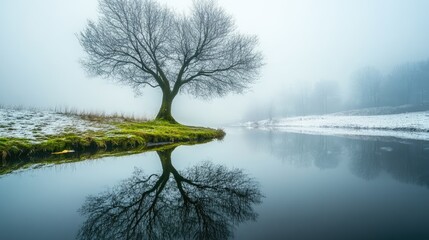 Aufkleber - Mossy tree reflecting in tranquil lake under winter foggy sky with snowy landscape showcasing serene nature and calmness