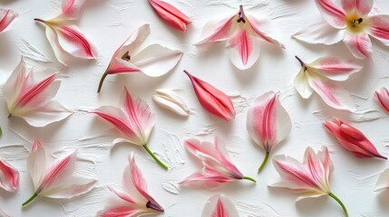 Aufkleber - Close up of delicate tulip petals arranged on a white background creating a serene floral spring theme in nature