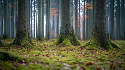 Poster - Moss-covered tree trunks in tranquil forest showcasing nature's beauty and serenity with soft light filtering through the trees.