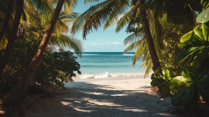 Poster - Tropical paradise entrance with palm trees framing serene ocean view and sandy beach inviting relaxation and tranquility