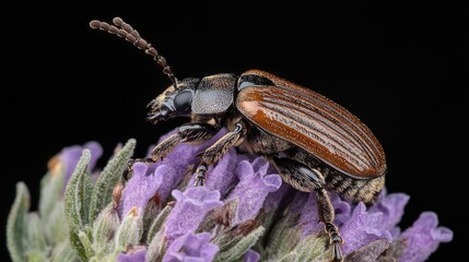 Poster - Macro shot of Trichodes apiarius beetle on lavender flowers showcasing intricate details of its anatomy and vibrant coloration in nature.