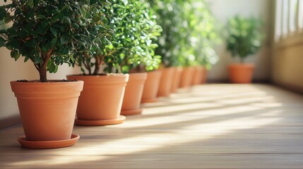 Poster - Lush greenery in terracotta pots arranged neatly on sunlit wooden floor showcasing a serene indoor garden atmosphere.