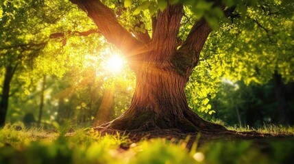 Poster - Majestic tree trunk with sunlight filtering through lush green foliage in a serene nature background