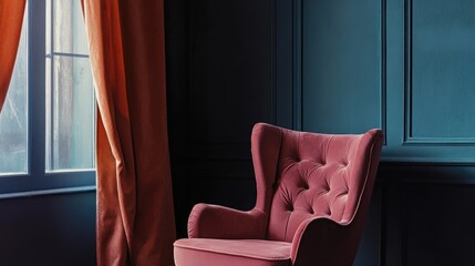 Poster - Trendy living room interior featuring an elegant armchair and contrasting wall decor in a stylish modern design