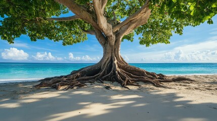 Poster - Majestic tree with exposed roots stands on a serene beach under a blue sky by the peaceful ocean waves in a tropical paradise.