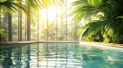 Poster - Indoor tropical oasis with palm leaves reflecting serene sunlight over tranquil pool water in a modern eco-friendly space.