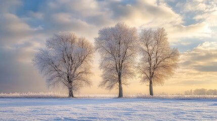 Poster - Winter landscape with frosted trees under a dramatic cloudy sky illuminated by soft sunlight and serene snow-covered ground.