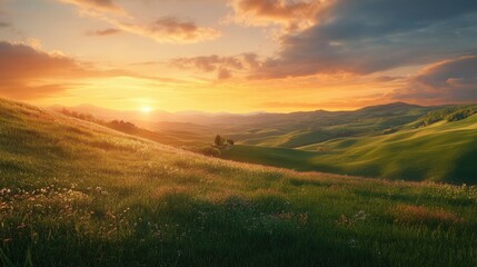 Aufkleber - Tuscany spring landscape with rolling hills and vibrant sunset sky showcasing the beauty of nature in warm evening light