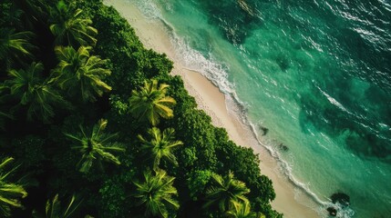 Poster - Aerial view of a serene tropical beach with lush green palm trees and clear turquoise waters in a peninsula setting.
