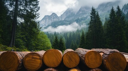Poster - Forest Landscape with Cut Tree Logs and Mountain Background Under Cloudy Sky