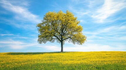 Aufkleber - Lush tree with vibrant yellow flowers under a clear blue sky in a serene landscape ideal for nature-inspired backgrounds and text overlay.
