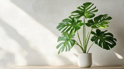Aufkleber - Lush green tropical plant in modern pot on wooden table with soft light against neutral wall background