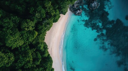 Leinwandbilder - Scenic aerial view of a tropical beach with pristine blue waters surrounded by lush green vegetation and rocky formations.