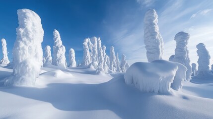 Poster - Snow-covered trees in a winter landscape showcasing icy formations under a clear blue sky evoking a serene and enchanting atmosphere