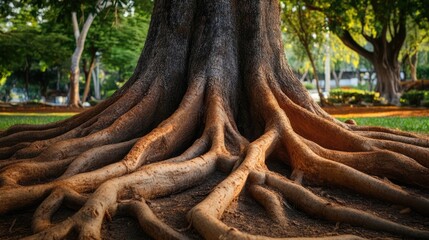 Poster - close-up view of intricate tree roots in a serene park setting showcasing nature's beauty and texture