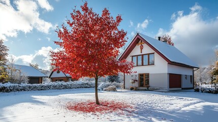 Poster - Autumn scene featuring a vibrant red-leafed tree surrounded by snow with a picturesque house in the background under a blue sky