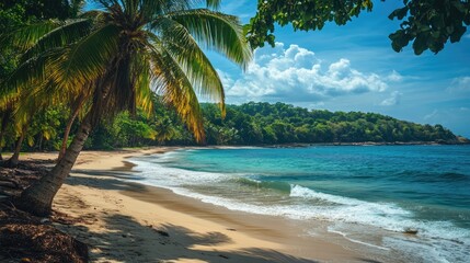 Poster - Serene tropical beach featuring lush coconut palm trees and clear blue ocean waters under a bright sky with scattered clouds.