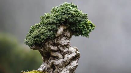 Poster - Unique bonsai tree showcasing intricate textures and vibrant foliage representing nature's beauty and resilience in a serene setting.