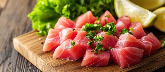 Poster - Fresh Tuna Tartare Cubes With Herbs and Lemon Slices on a Wooden Cutting Board for Healthy Gourmet Dinner Presentation.