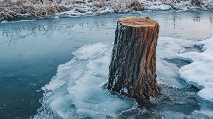 Aufkleber - Tree trunk standing in a frozen river surrounded by ice and winter scenery showcasing nature's beauty and tranquility
