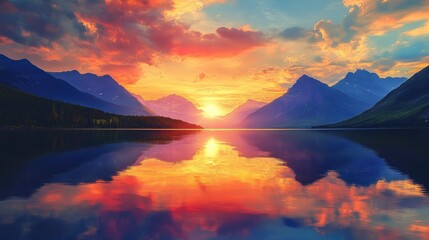 Poster - Vibrant sunset reflection over serene lake and majestic mountains creating a stunning landscape scene.