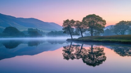 Aufkleber - Serene dawn landscape with trees reflected in calm lake water surrounded by mist and mountains in the background