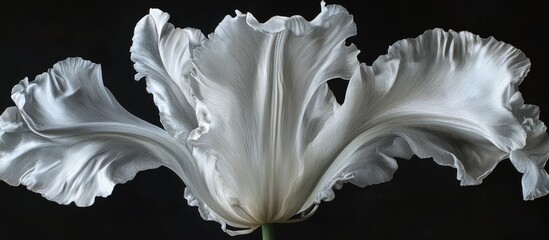 Fototapete - Elegant white tulip flower on a black background showcasing delicate petals and graceful curves in a minimalist composition