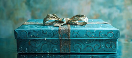 Poster - elegant turquoise holiday gift box with decorative ribbon on reflective surface against a blurred festive background