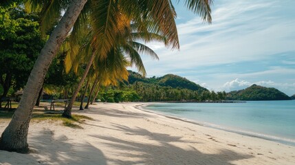 Leinwandbilder - Tropical beach with palm trees at sunrise serene holiday destination with white sandy shore and calm turquoise waters