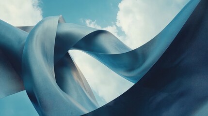 Poster - Dynamic Abstract Curved Metal Sculpture Against Blue Sky and Clouds