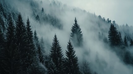 Poster - Misty Winter Landscape with Evergreen Trees in a Foggy Forest Scene