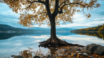 Aufkleber - Majestic tree with exposed roots reflecting in a tranquil lake surrounded by autumn foliage and serene landscape scenery