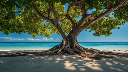 Poster - Tree with exposed roots on a tranquil beach creating a serene coastal landscape under a clear blue sky and warm sunlight