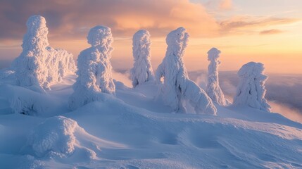Poster - Winter landscape with snow-covered trees on a mountain during sunrise showcasing serene and picturesque natural beauty