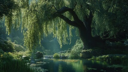 Aufkleber - Majestic weeping willow tree over serene pond in lush green forest with dappled sunlight creating a tranquil and peaceful atmosphere
