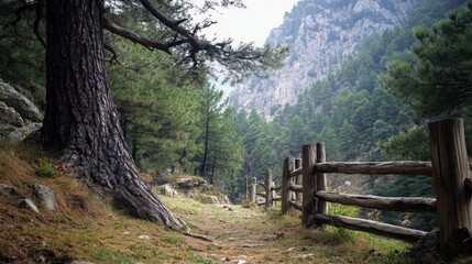 Poster - Serene forest landscape featuring a textured tree trunk and rustic wooden fence along a natural path amidst lush greenery and mountains