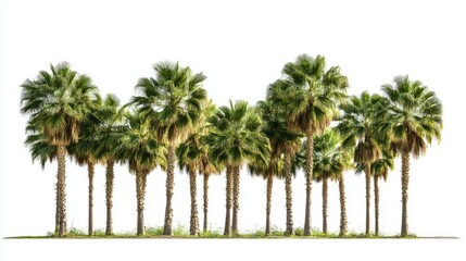Poster - Sugar palm trees in a straight line isolated on a white background creating a tropical and natural visual for design projects.